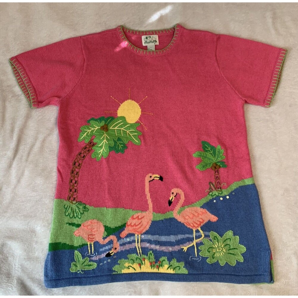 The Quacker Factory Sweater Top Womens Large Pink Flamingo Applique Beads